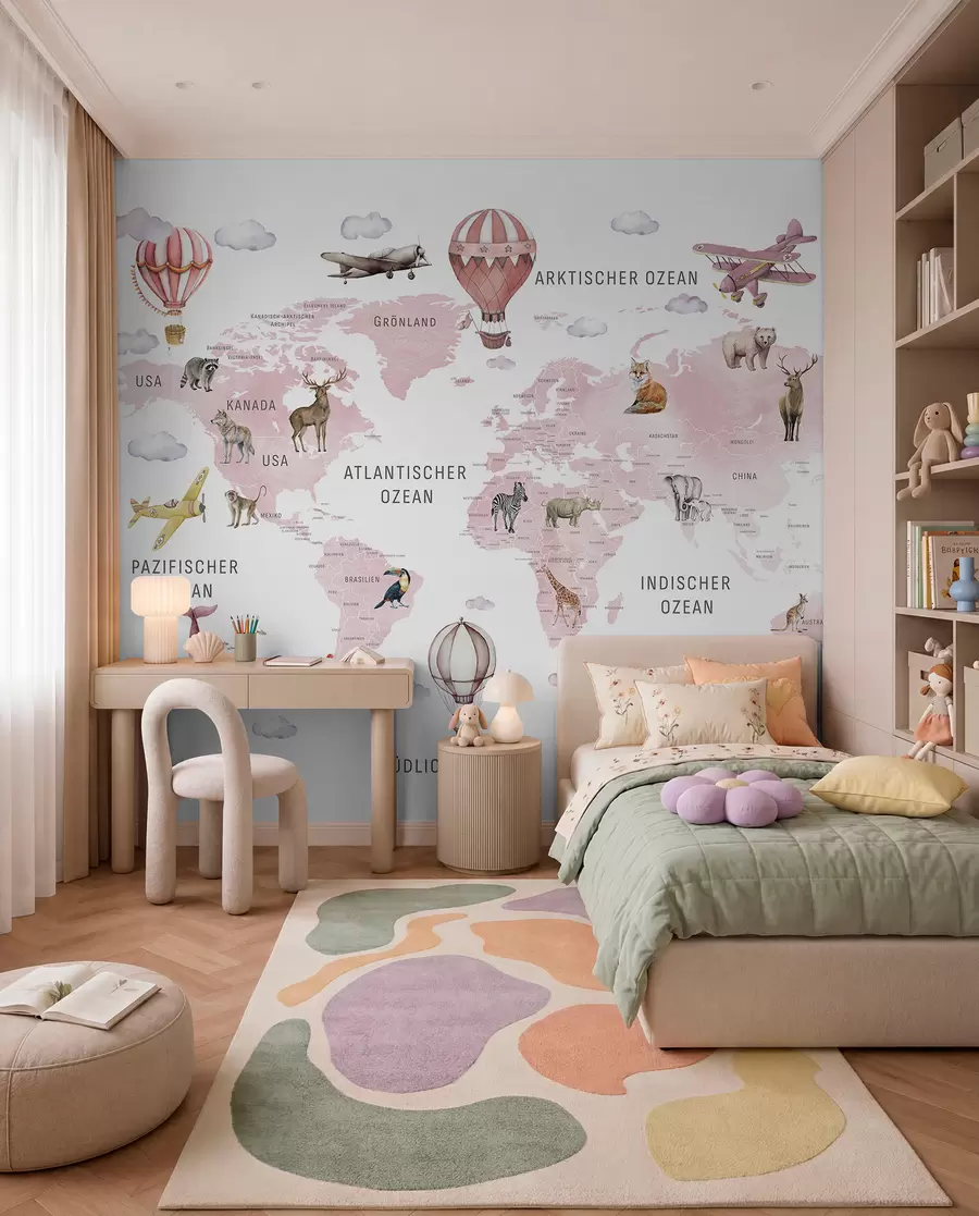 murales de pared Mapa de estilo acuarela para niños con animales y globos aerostáticos. Idioma alemán. Color rosa. c00001dev3