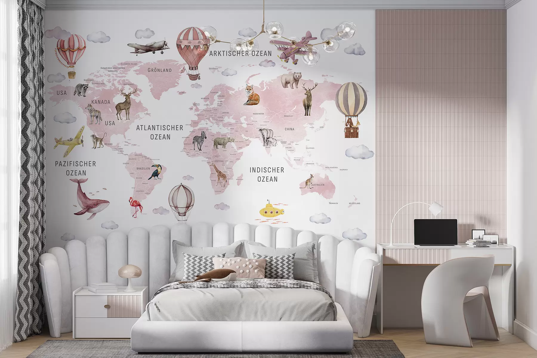 murales de pared Mapa de estilo acuarela para niños con animales y globos aerostáticos. Idioma alemán. Color rosa. c00001dev3