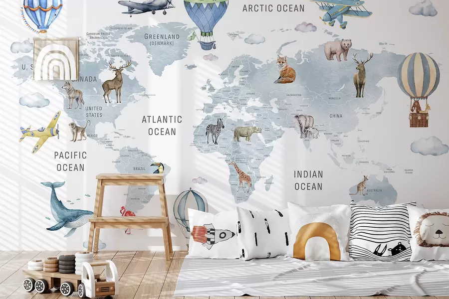 murales de pared Mapa infantil en estilo acuarela con animales y globos aerostáticos. Idioma inglés. Color azul c00001env1