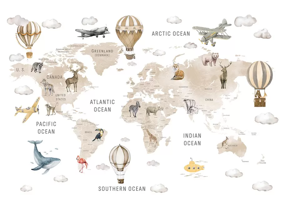 murales de pared Mapa de estilo acuarela para niños con animales y globos aerostáticos. Idioma inglés. Color beige. c00001env2