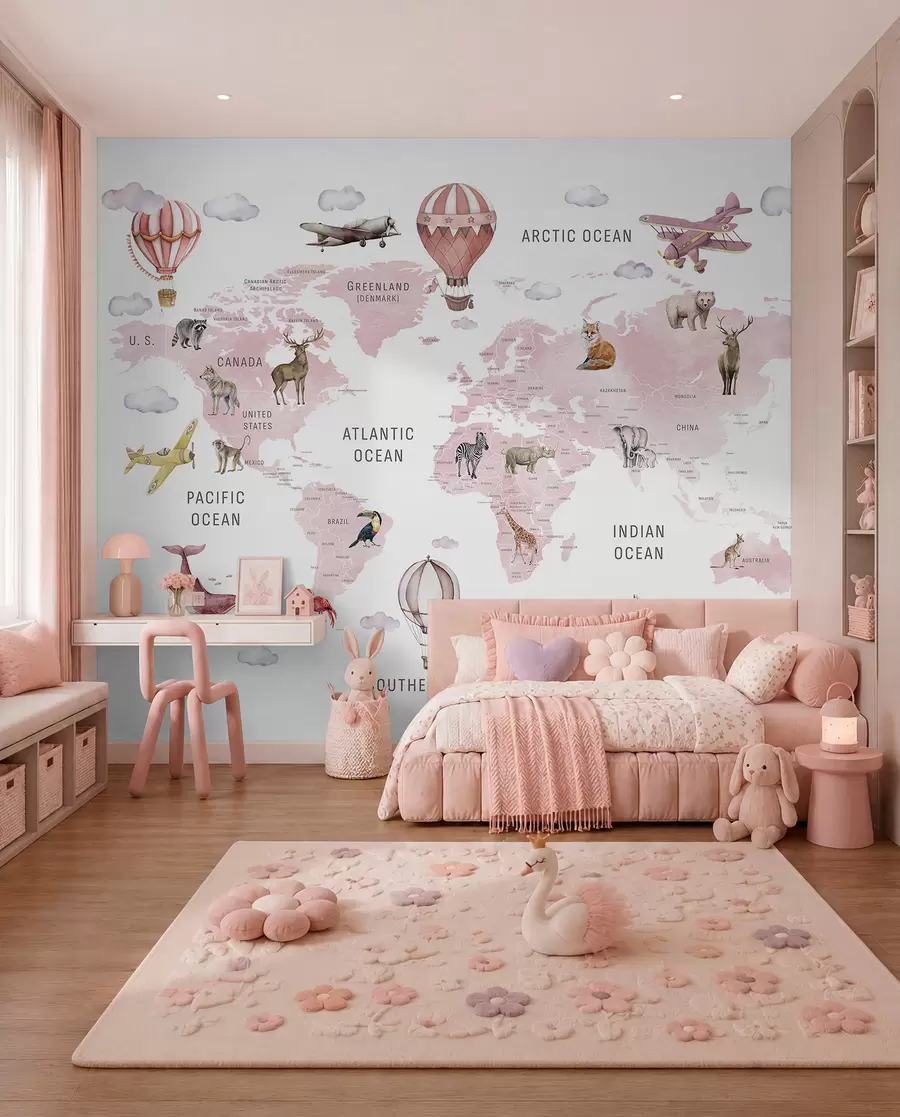 murales de pared Mapa de estilo acuarela para niños con animales y globos aerostáticos. En inglés. Rosa. c00001env3