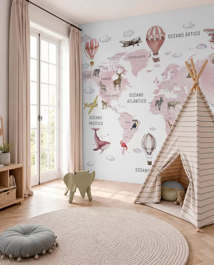 murales de pared Mapa de estilo acuarela para niños con animales y globos aerostáticos. En español. Rosa. c00001esv3