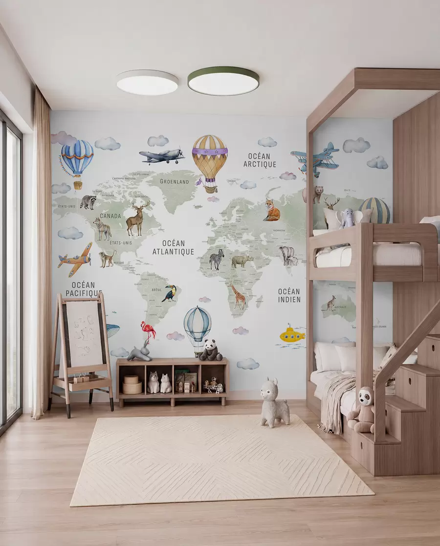 murales de pared Mapa de estilo acuarela para niños con animales y globos aerostáticos. En francés. Color verde. c00001fr