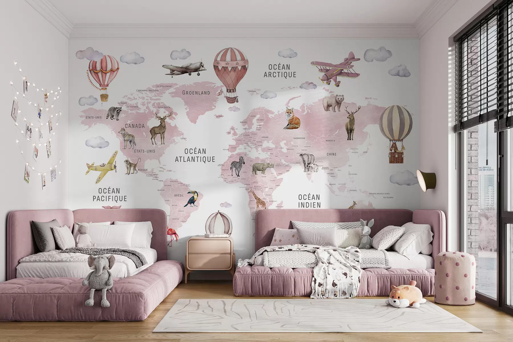 murales de pared Mapa de estilo acuarela para niños con animales y globos aerostáticos. Idioma francés. Color rosa. c00001frv3