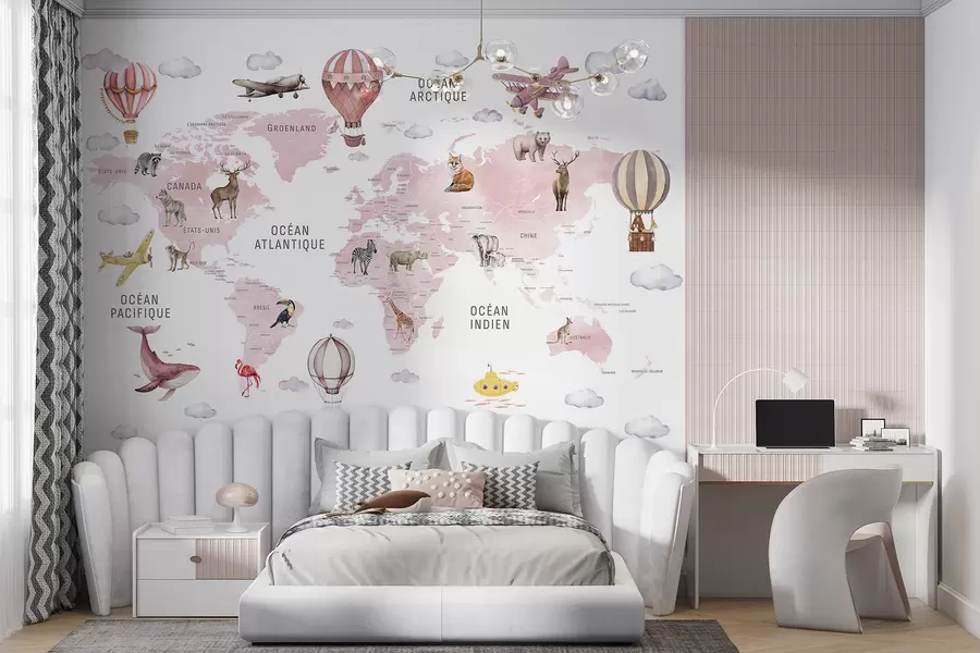 murales de pared Mapa infantil en estilo acuarela con animales y globos aerostáticos. En francés. Color rosa c00001frv3