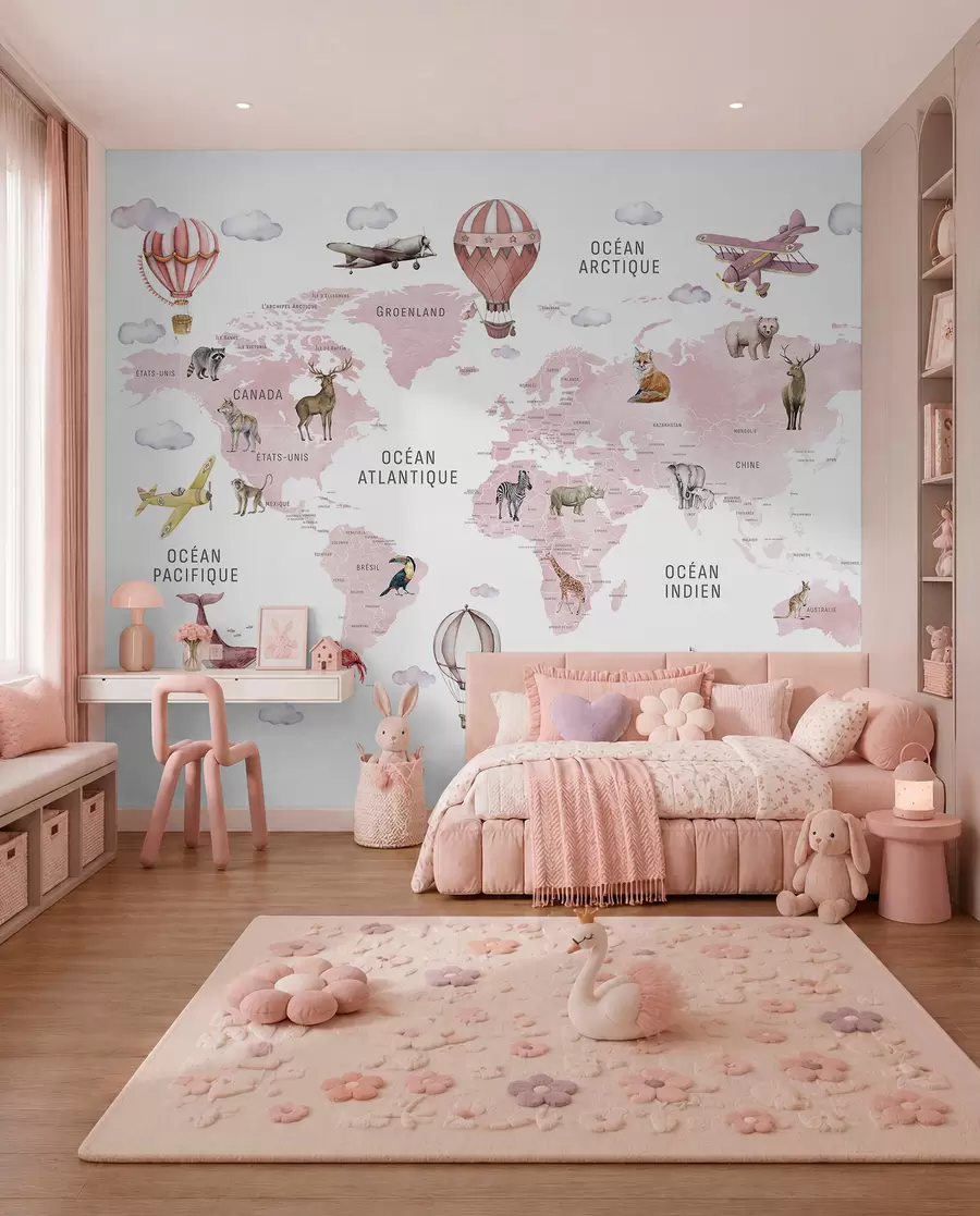 murales de pared Mapa de estilo acuarela para niños con animales y globos aerostáticos. Idioma francés. Color rosa. c00001frv3