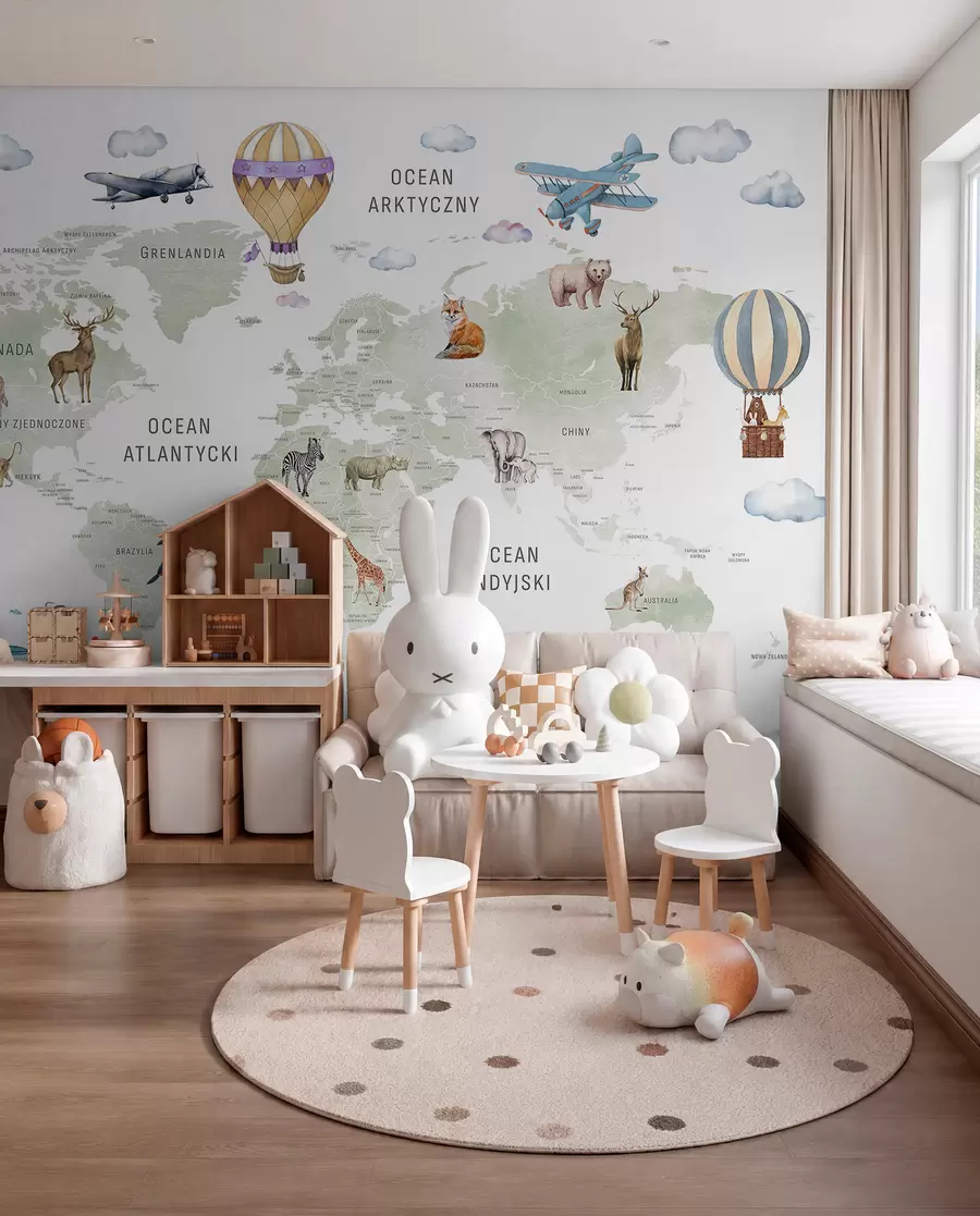 murales de pared Mapa de estilo acuarela para niños con animales y globos aerostáticos. Idioma polaco. Color verde. c00001pl