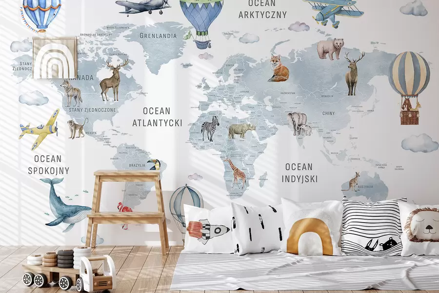 murales de pared Mapa de estilo acuarela para niños con animales y globos aerostáticos. Idioma polaco. Color azul. c00001plv1
