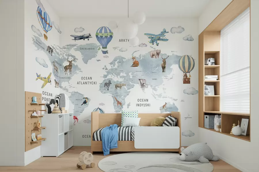 murales de pared Mapa infantil en estilo acuarela con animales y globos aerostáticos. Idioma polaco. Color azul c00001plv1