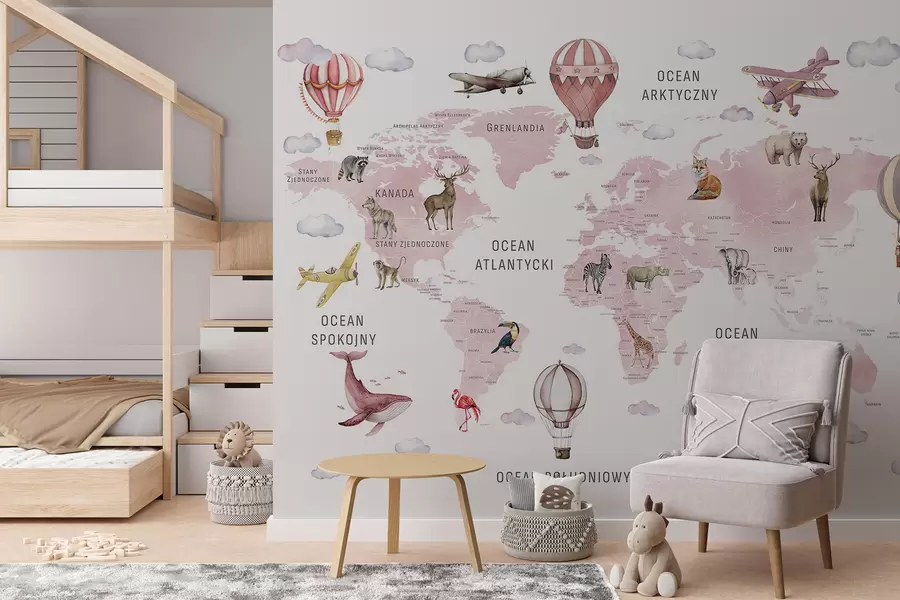 murales de pared Mapa de estilo acuarela para niños con animales y globos aerostáticos. Idioma polaco. Color rosa. c00001plv3