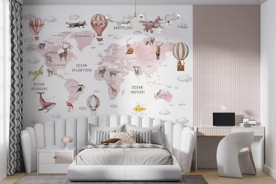 murales de pared Mapa de estilo acuarela para niños con animales y globos aerostáticos. Idioma polaco. Color rosa. c00001plv3