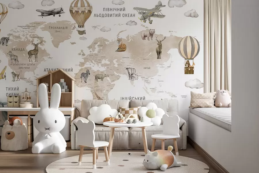 murales de pared Mapa infantil en estilo acuarela con animales y globos aerostáticos. Idioma ucraniano. Color beige. c00001ukv2