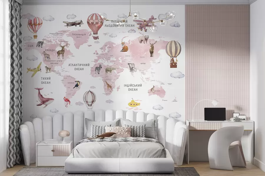 murales de pared Mapa infantil en estilo acuarela con animales y globos aerostáticos. Idioma ucraniano. Color rosa c00001ukv3
