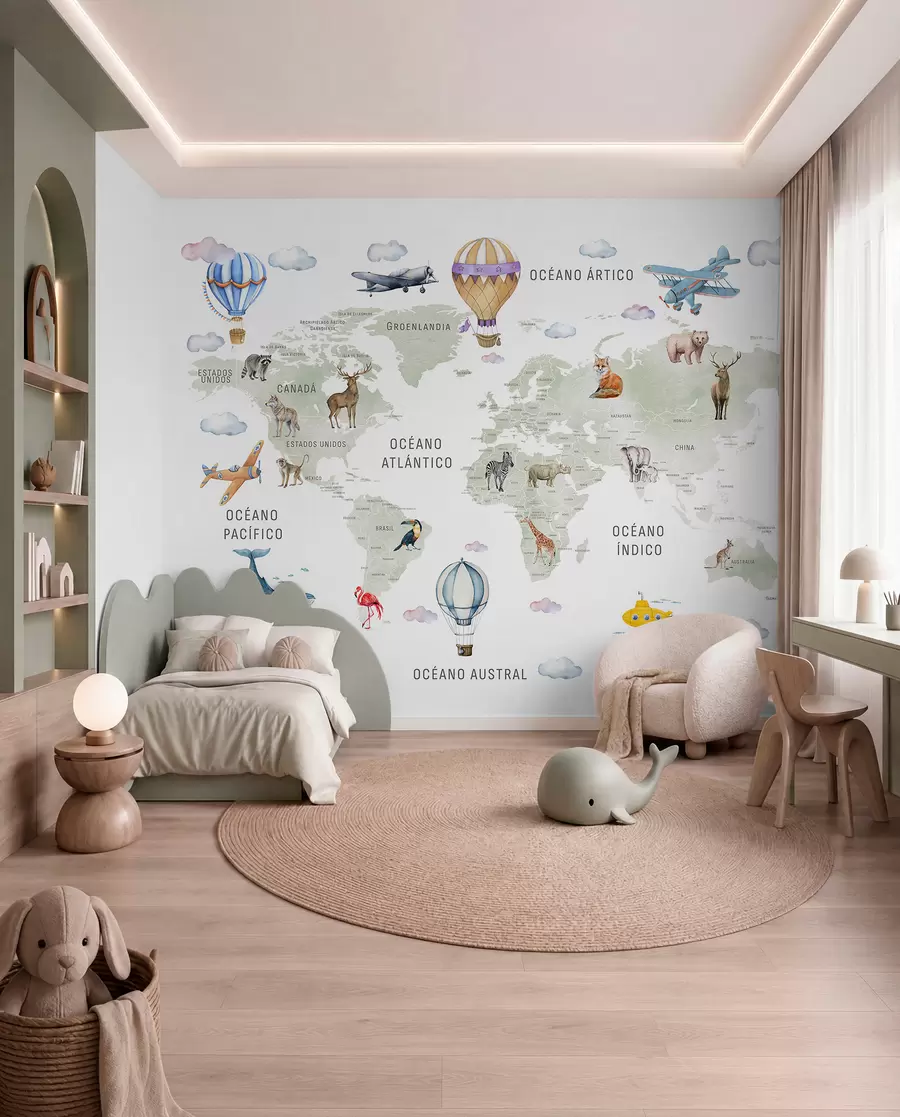 murales de pared Mapa de estilo acuarela para niños con animales y globos aerostáticos. Idioma: español. Color verde. c00001es
