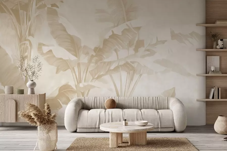 Murales de pared Hojas de plátano tropical en suaves tonos beige w09311v2 murales de pared Hojas de plátano tropical en suaves tonos beige w09311v2