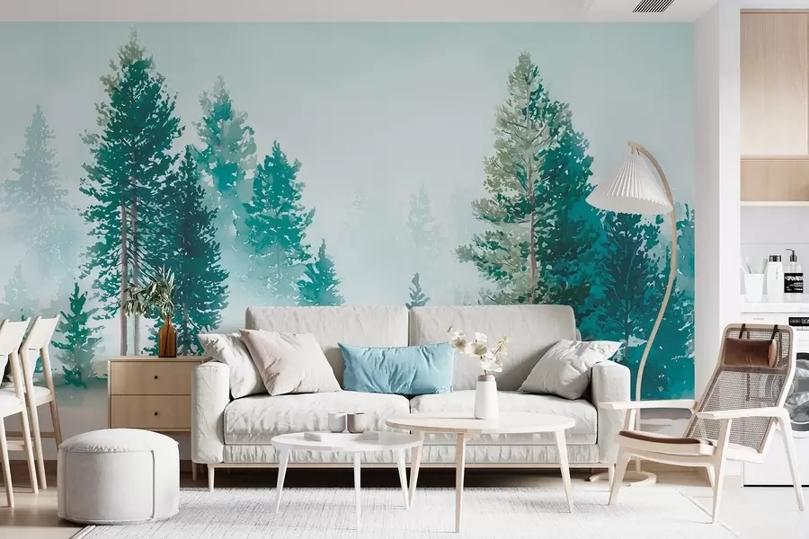 Murales de pared Bosque de pinos brumoso en estilo acuarela w09444 murales de pared Bosque de pinos brumoso en estilo acuarela w09444
