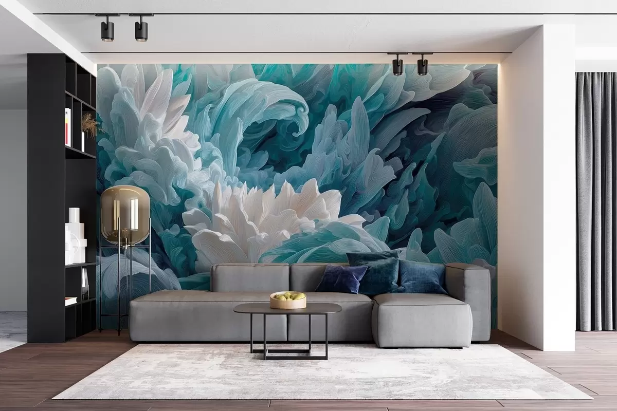 murales de pared Danza de pétalos y olas del mar en tonos azules w09454