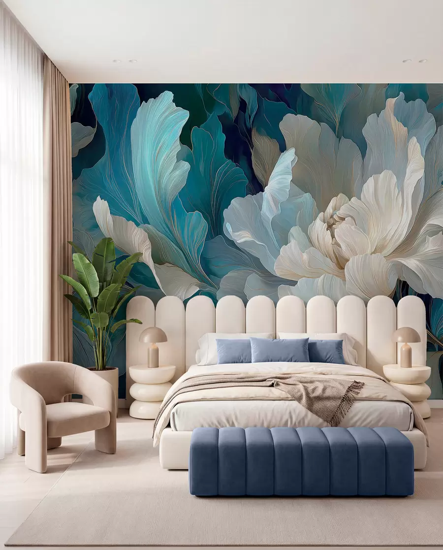 murales de pared Delicada peonía volumétrica en una paleta de colores fríos w09456