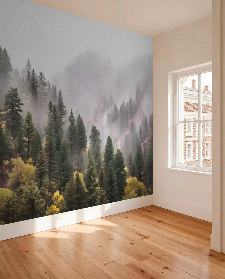 murales de pared Bosque de pinos brumoso y evocador en las montañas w09463