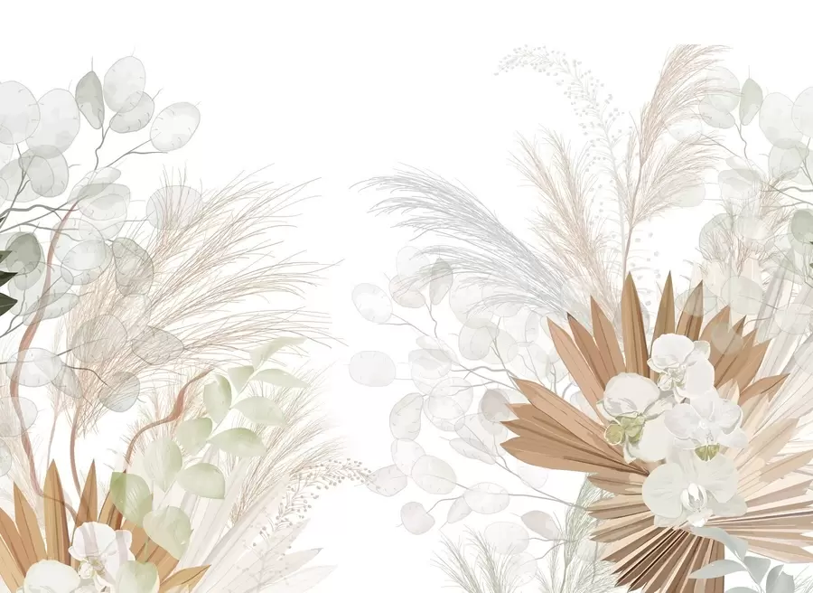 murales de pared Hierba de la pampa, eucalipto, hojas tropicales y orquídeas sobre fondo blanco, colores pastel. w09366