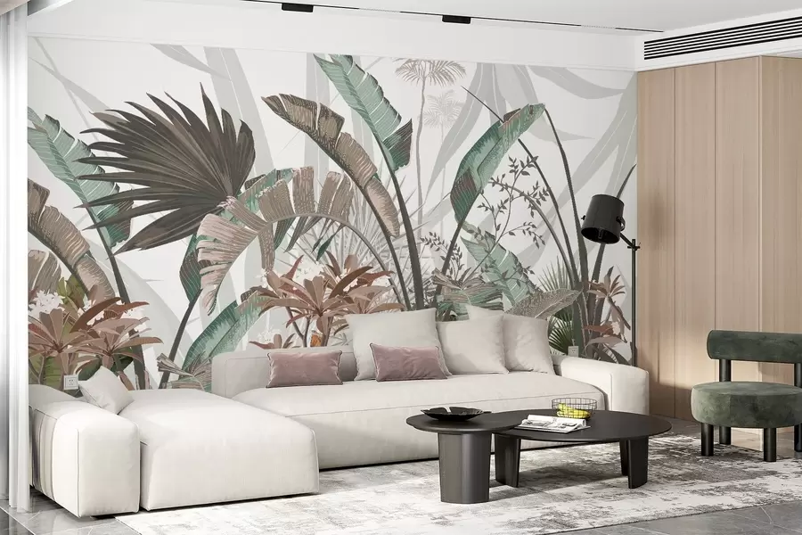 Murales de pared Hojas tropicales con textura y flores, palmeras, flores de plumeria, colores pastel, fondo blanco, selva w09488 murales de pared Hojas tropicales con textura y flores, palmeras, flores de plumeria, colores pastel, fondo blanco, selva w09488