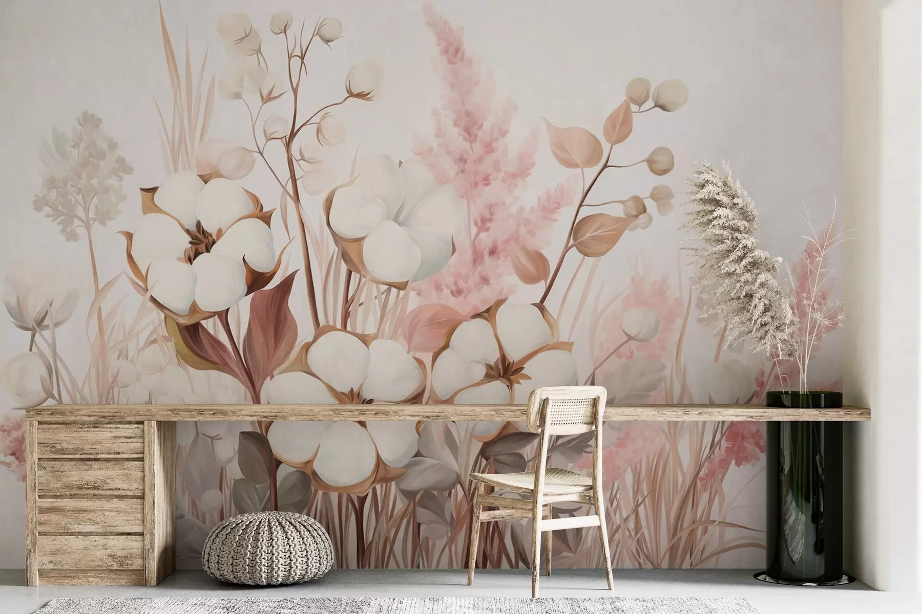 murales de pared Flores con textura de algodón con hierba de la pampa blanca y rosa, hojas y hierbas beige y marrones, fondo blanco. w09489