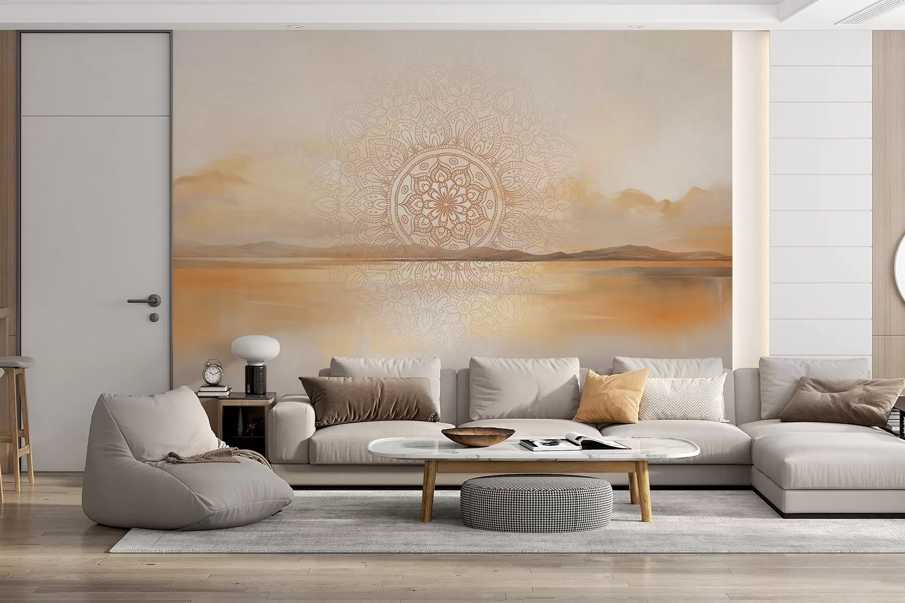 murales de pared Diseño mandala simétrico con textura superpuesto a un paisaje con mar, colinas y cielo, en suaves colores pastel w09491
