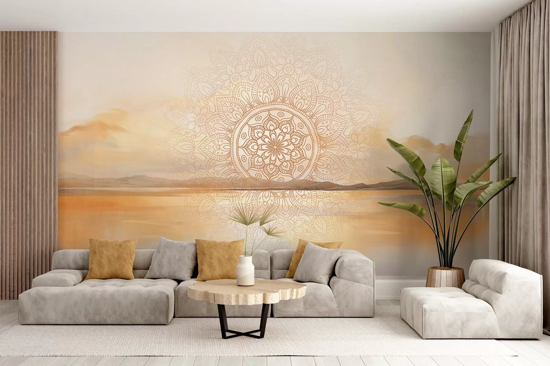 murales de pared Diseño mandala simétrico con textura superpuesto a un paisaje con mar, colinas y cielo, en suaves colores pastel w09491
