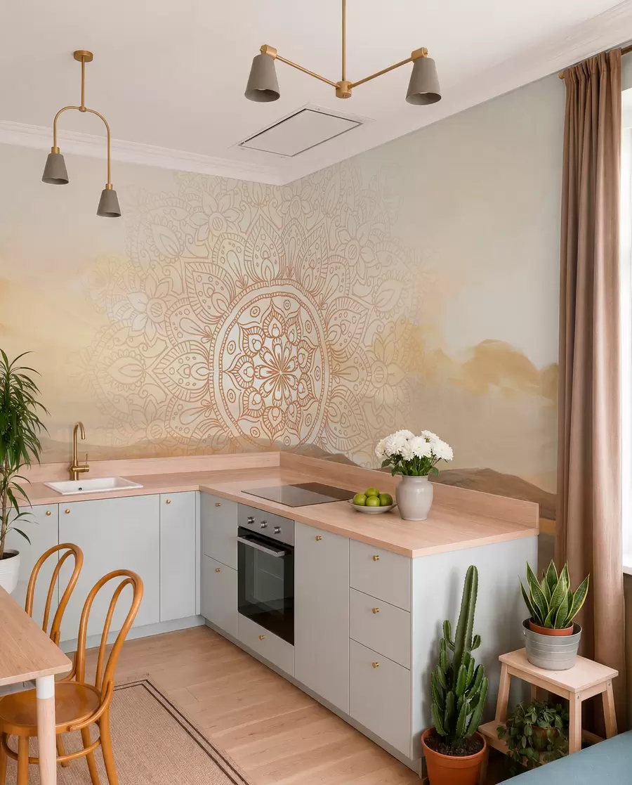 murales de pared Diseño mandala simétrico con textura superpuesto a un paisaje con mar, colinas y cielo, en suaves colores pastel w09491