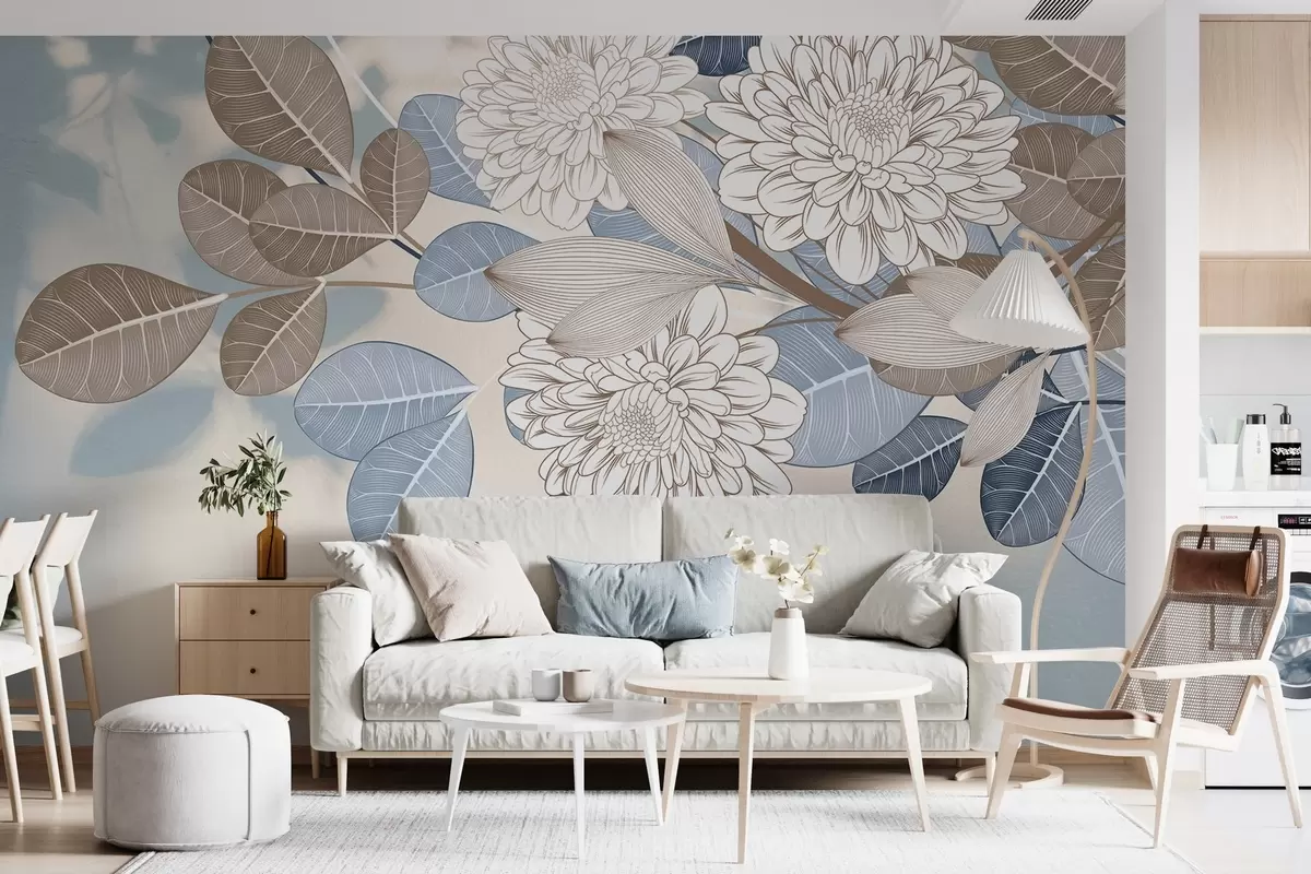 Murales de pared Flores blancas con hojas azules y marrones, fondo azul claro con textura, arreglo floral, dibujo lineal detallado w09496 murales de pared Flores blancas con hojas azules y marrones, fondo azul claro con textura, arreglo floral, dibujo lineal detallado w09496