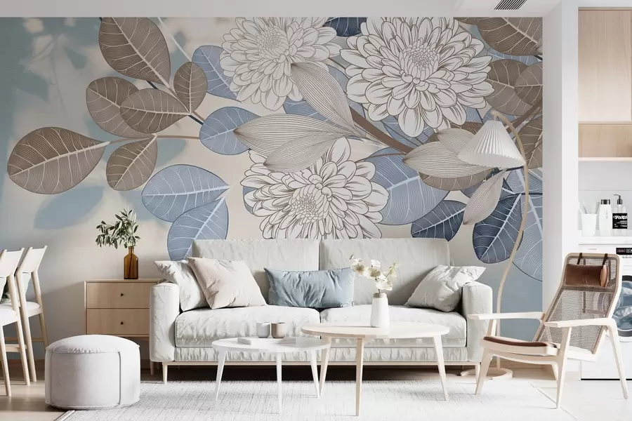 Murales de pared Flores blancas con hojas azules y marrones, fondo azul claro con textura, arreglo floral, dibujo lineal detallado w09496 murales de pared Flores blancas con hojas azules y marrones, fondo azul claro con textura, arreglo floral, dibujo lineal detallado w09496