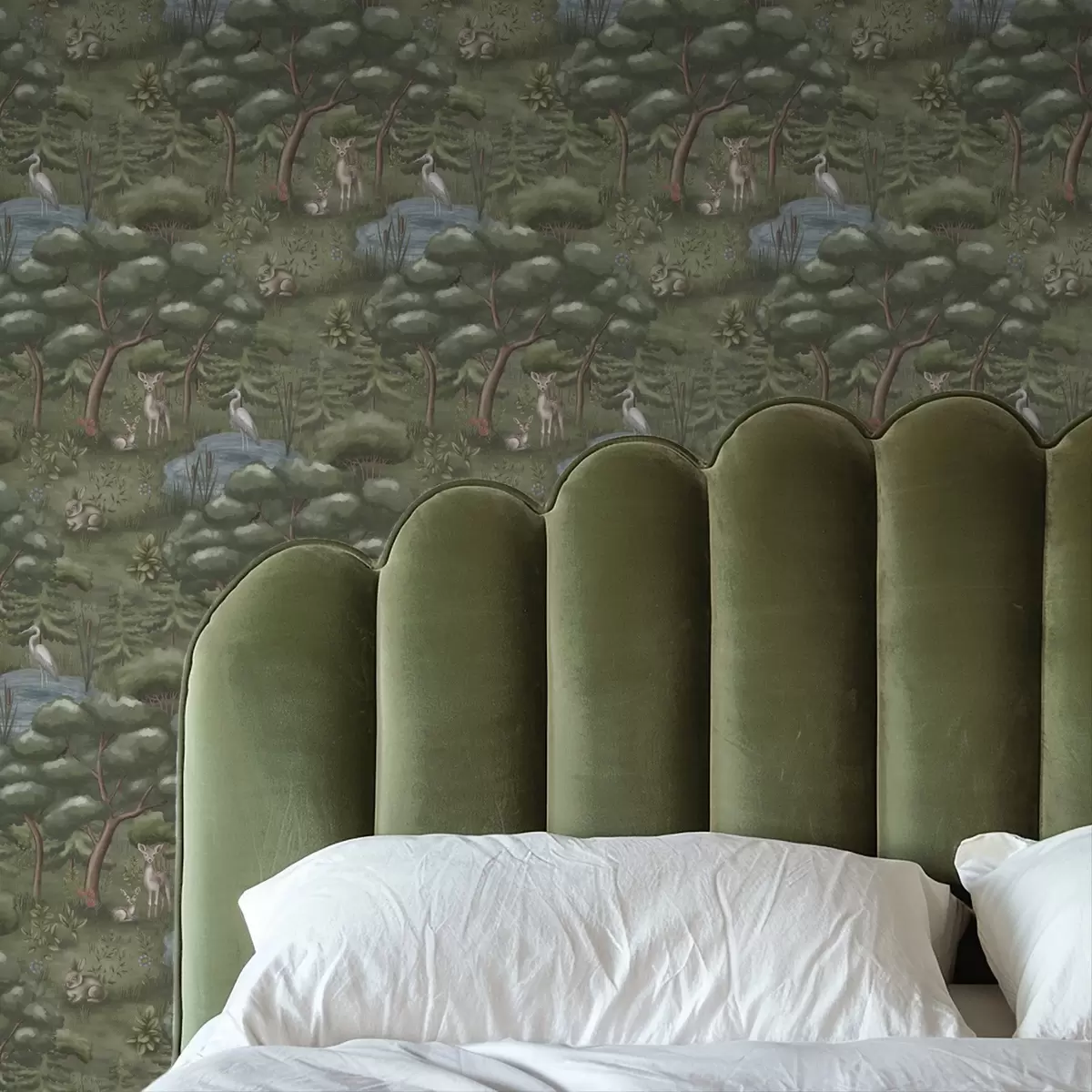 Papel pintado Claro del bosque con cervatillos, conejos y garzas a00680 Papel pintado Claro del bosque con cervatillos, conejos y garzas a00680