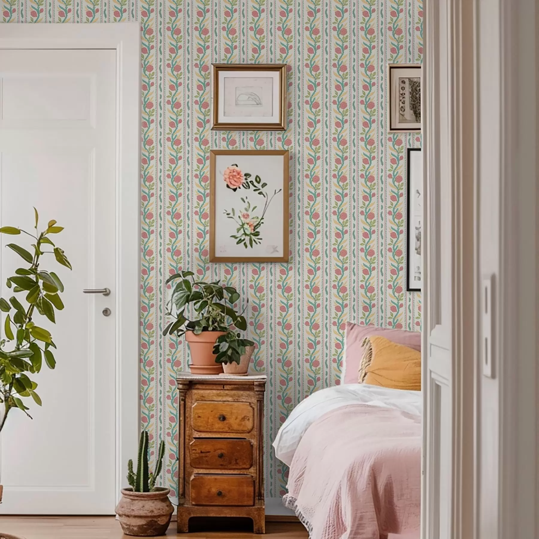 murales de pared Rayas con capullos de coral sobre fondo crema claro a00816v1