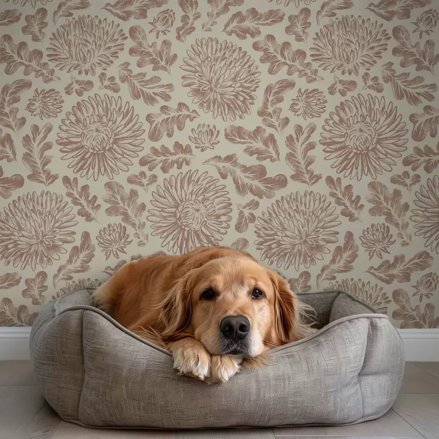 murales de pared Crisantemos y hojas de roble en suave marrón beige. a00840
