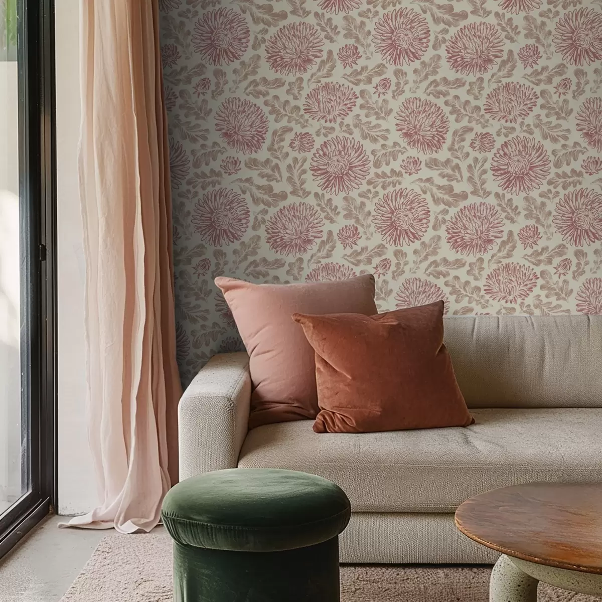 Papel pintado Crisantemos con toques de vino sobre fondo crema a00840v1