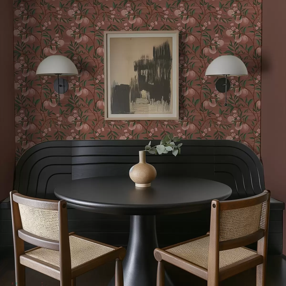 Papel pintado Melocotones en ramas con flores rosas, suelo de terracota a00856