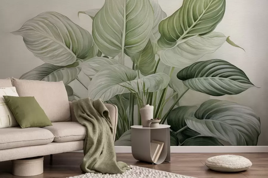 murales de pared Exuberante arbusto de hojas verdes en la pared w04835