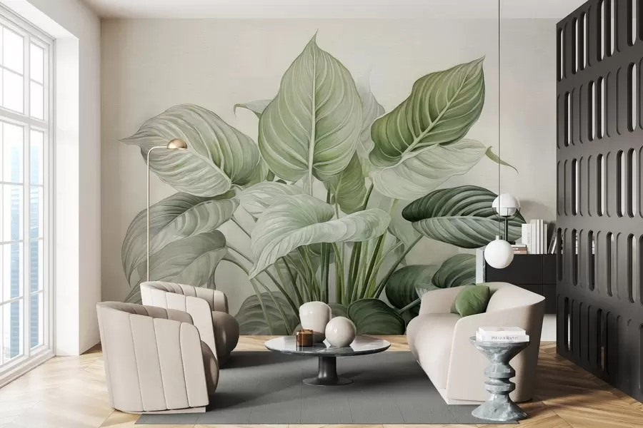 murales de pared Exuberante arbusto de hojas verdes en la pared w04835