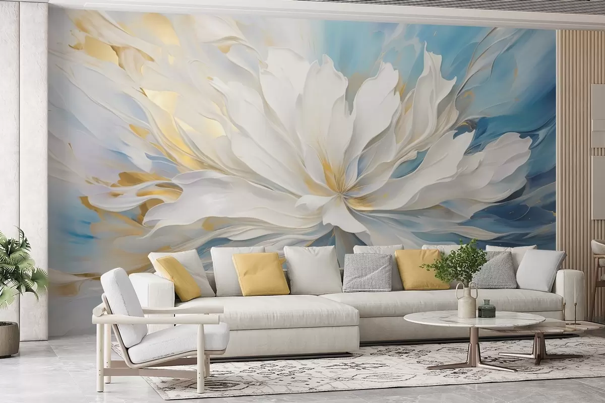 Murales de pared Gran peonía blanca en estilo pintura al óleo sobre fondo azul y amarillo. w09511 murales de pared Gran peonía blanca en estilo pintura al óleo sobre fondo azul y amarillo. w09511
