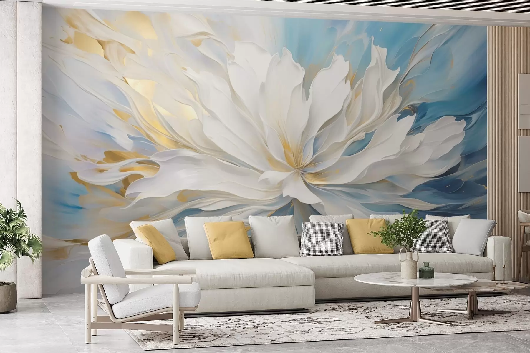 murales de pared Gran peonía blanca en estilo pintura al óleo sobre fondo azul y amarillo. w09511