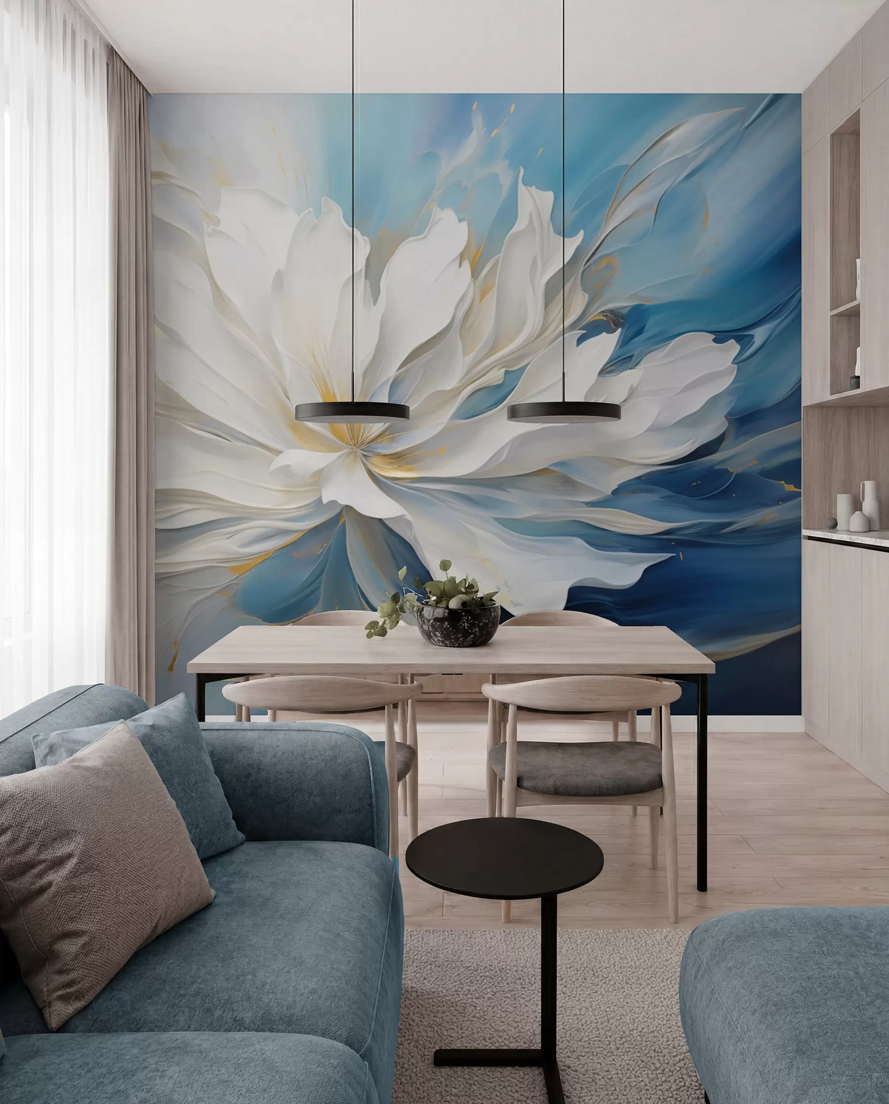 murales de pared Peonía blanca en azul océano w09511