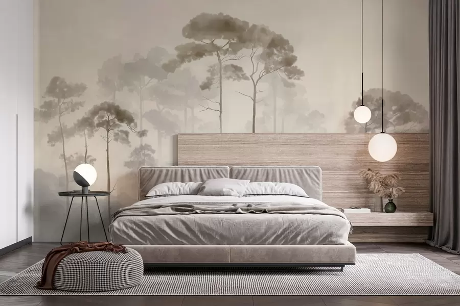 murales de pared siluetas ligeras de pinos en estilo acuarela w04634