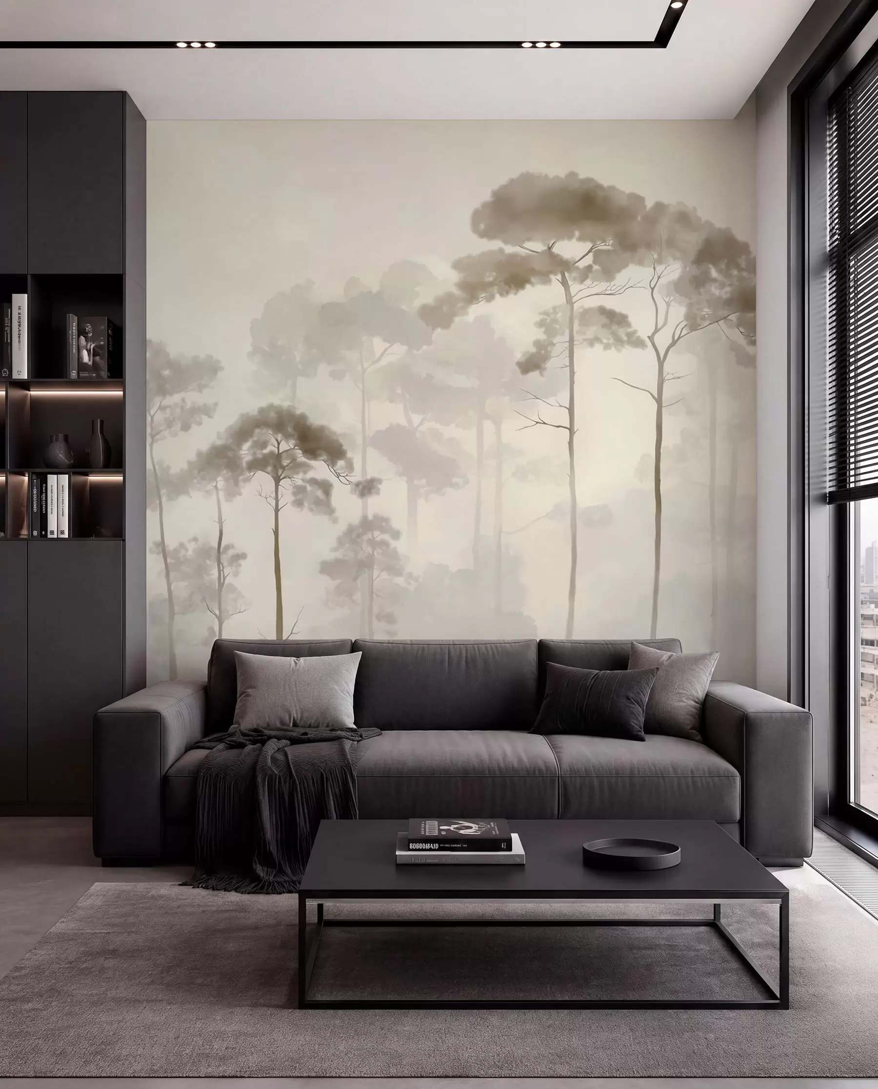 murales de pared siluetas ligeras de pinos en estilo acuarela w04634