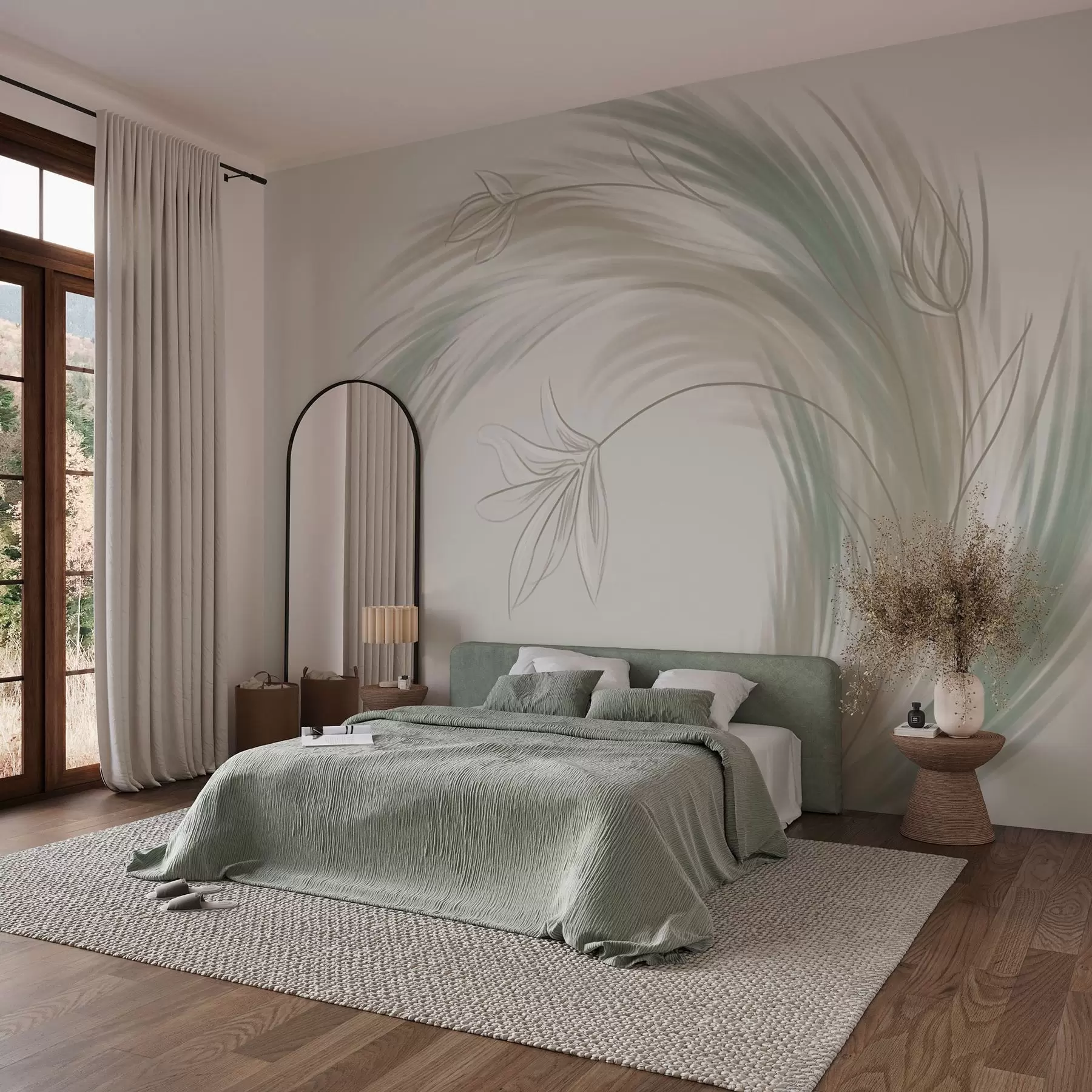 murales de pared Plumas y flores verdes y beige, pintadas a mano w04816
