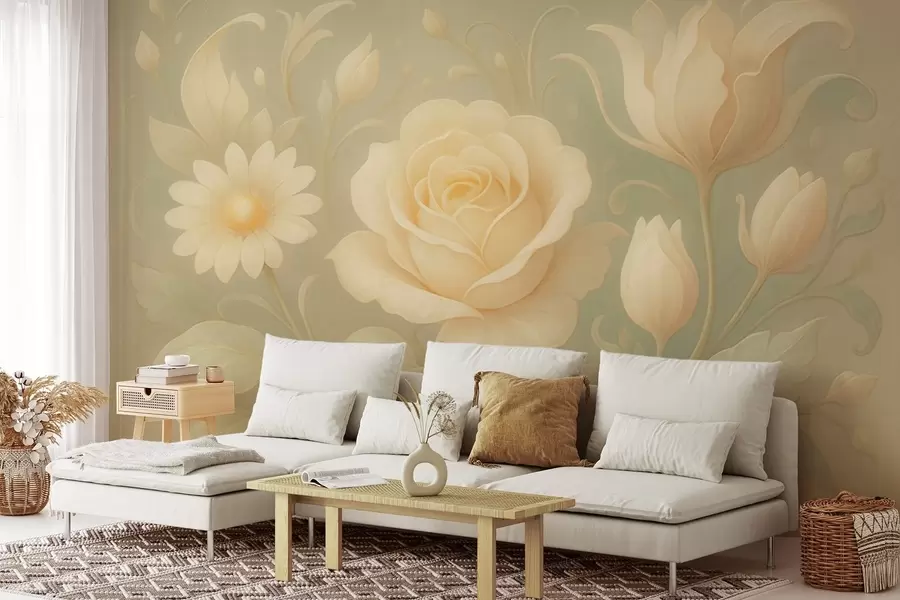 murales de pared Delicada composición vintage con rosas beige sobre fondo verde claro. w09499