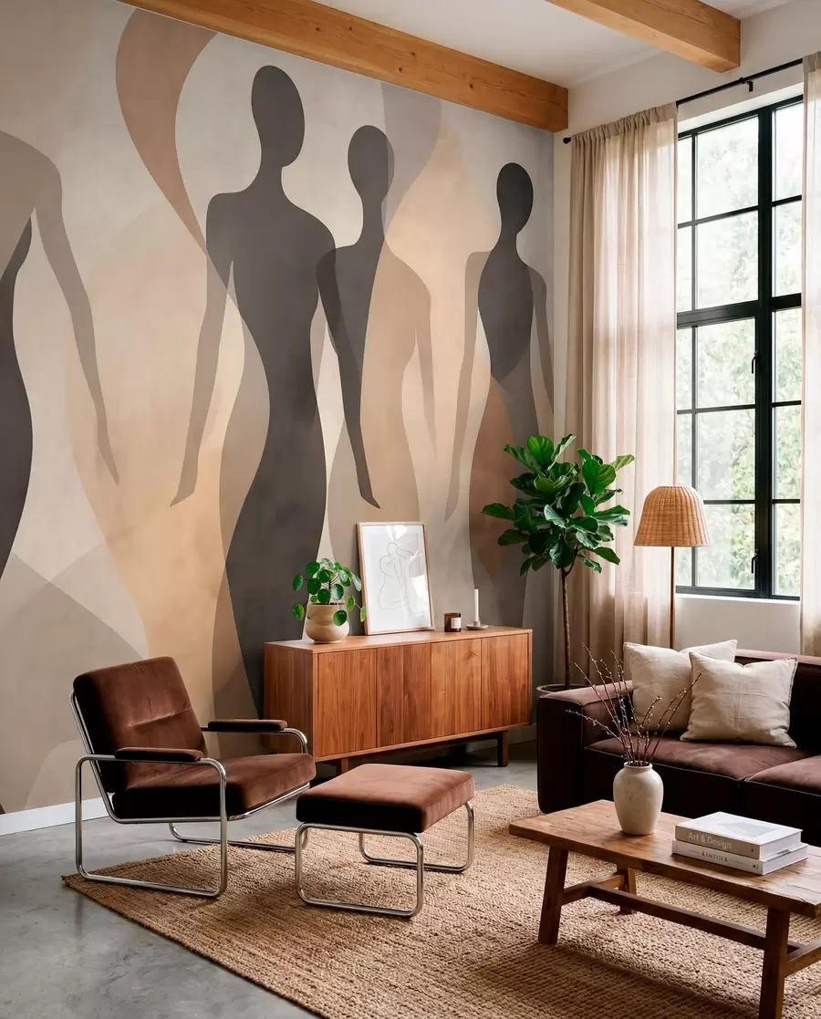 murales de pared Siluetas y suaves ondas en cálidos tonos beige grisáceos w04787