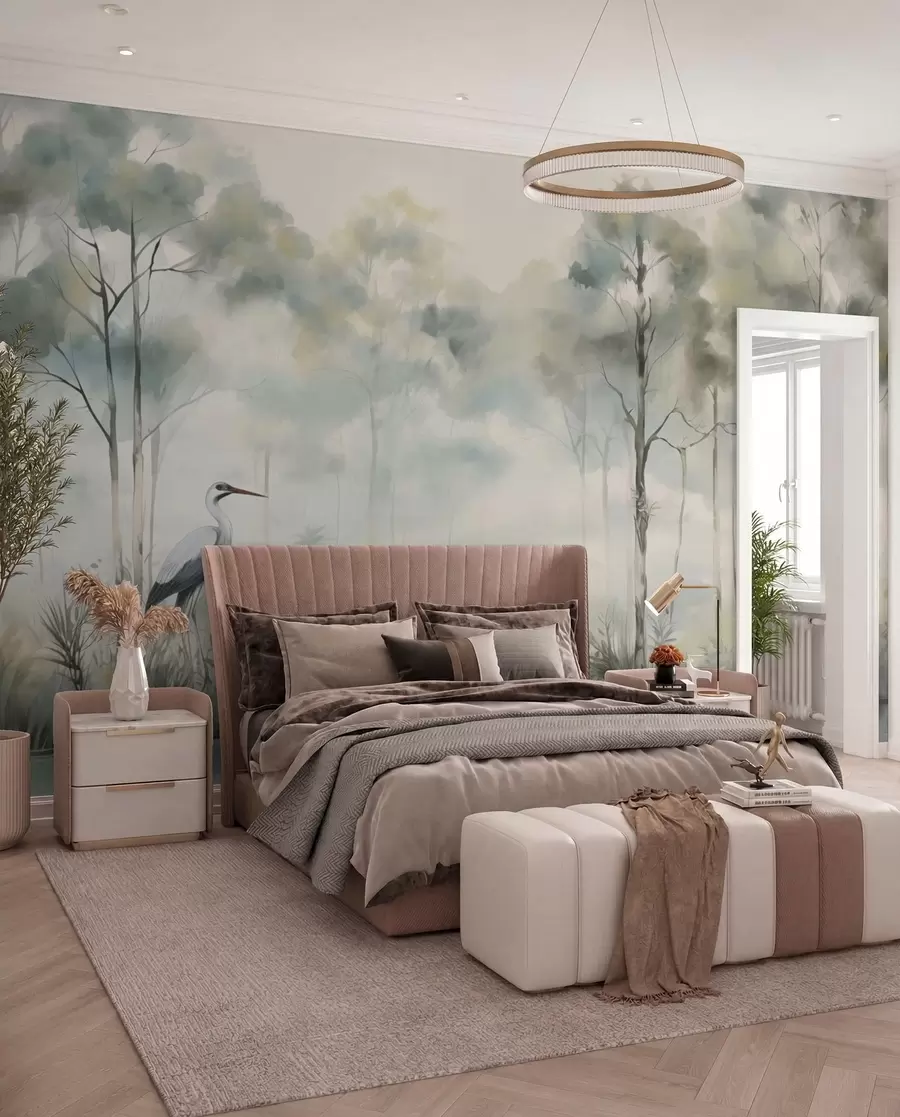 murales de pared Bosque brumoso junto al agua con garzas, paleta de colores suaves y fríos w04788