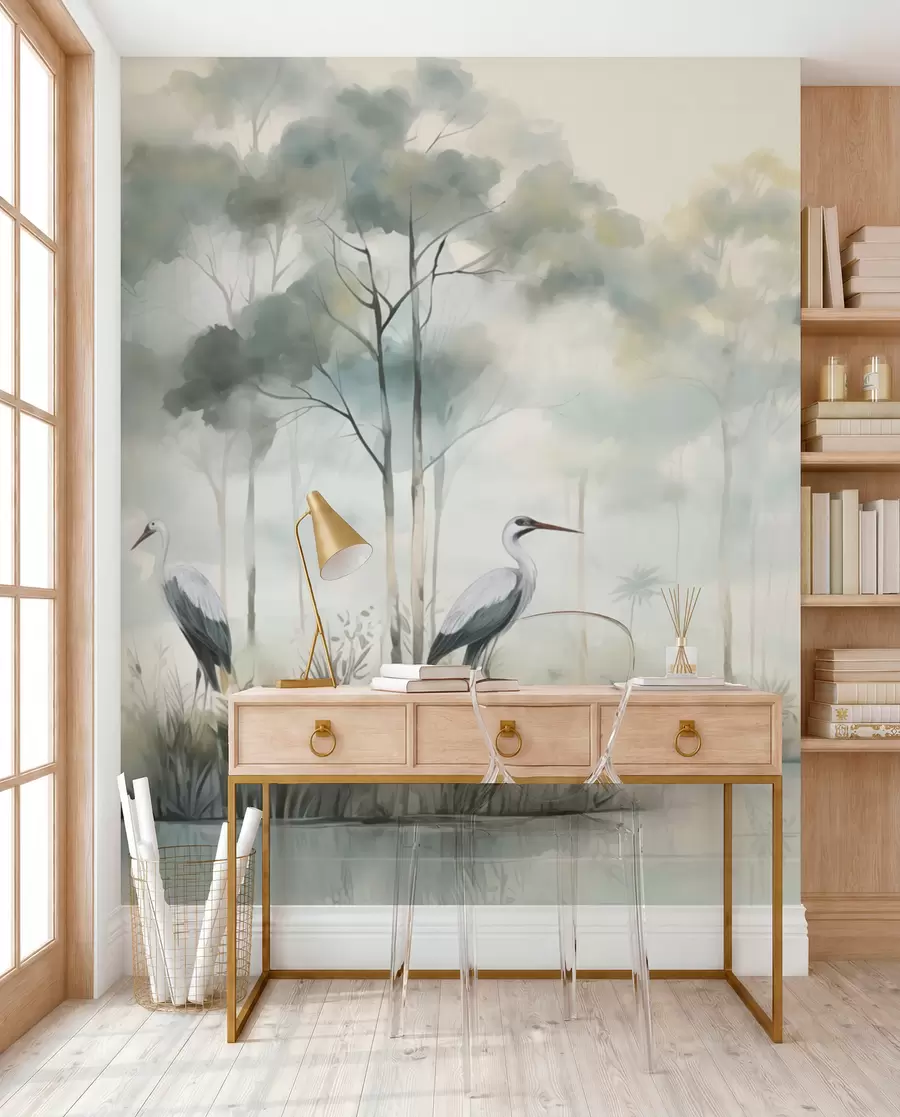 murales de pared Garzas junto al bosque brumoso w04788