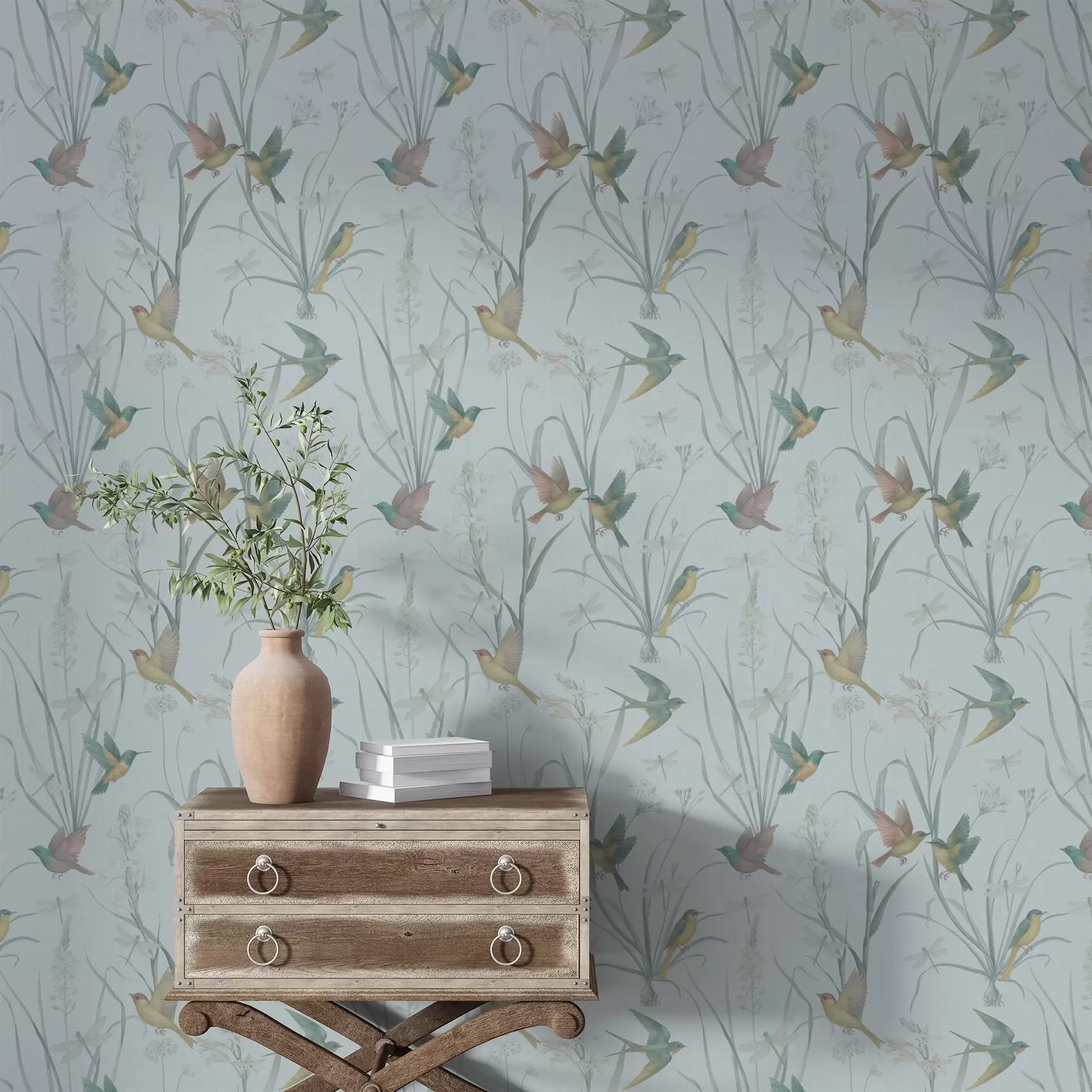 murales de pared Pájaros entre la hierba del prado sobre un fondo gris azulado a00776