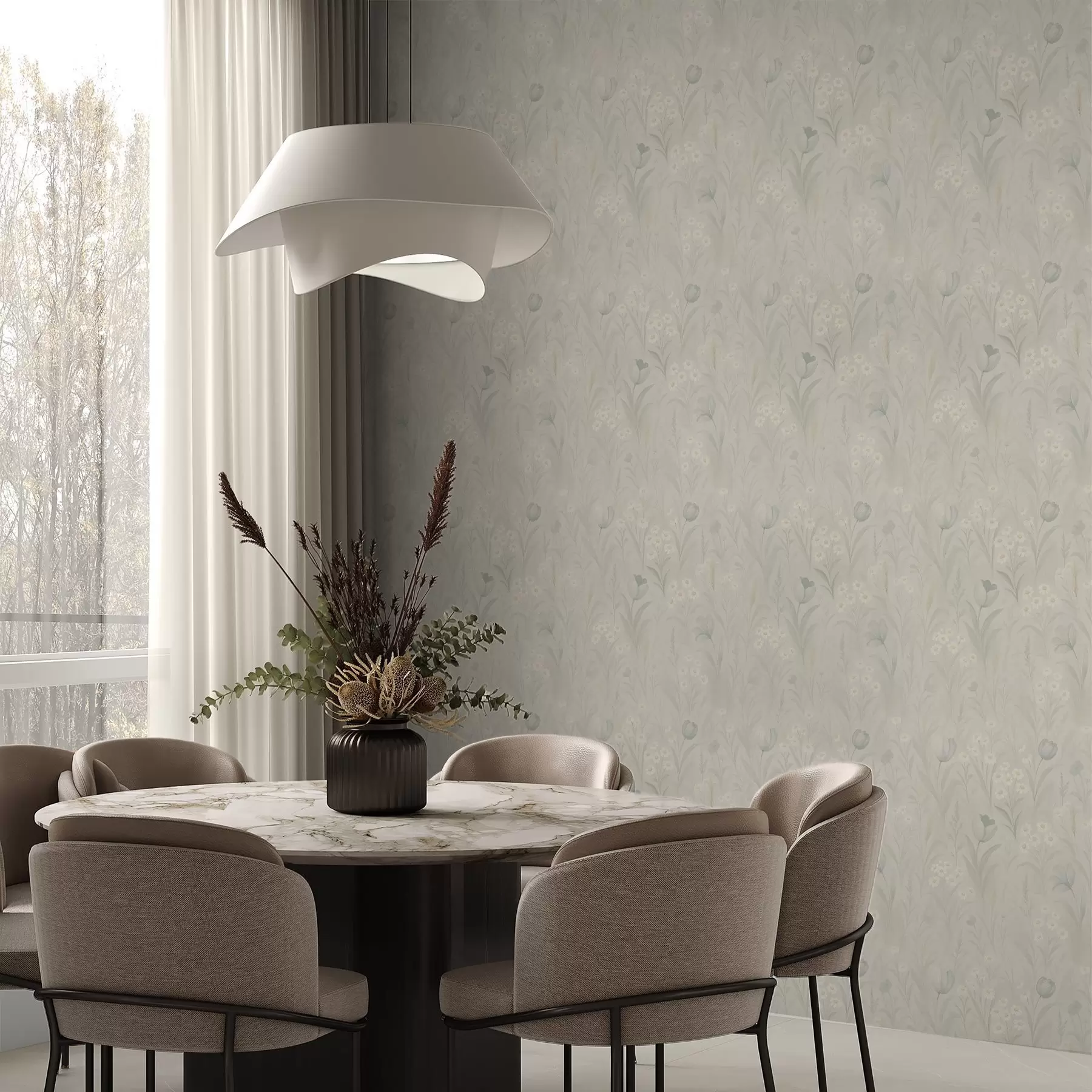 murales de pared Suave pradera con tulipanes y margaritas, salvia pastel a00779